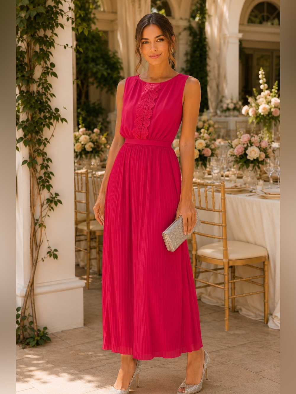 Darling Pink Lace Maxi Dress Pleated Size XL Romantic